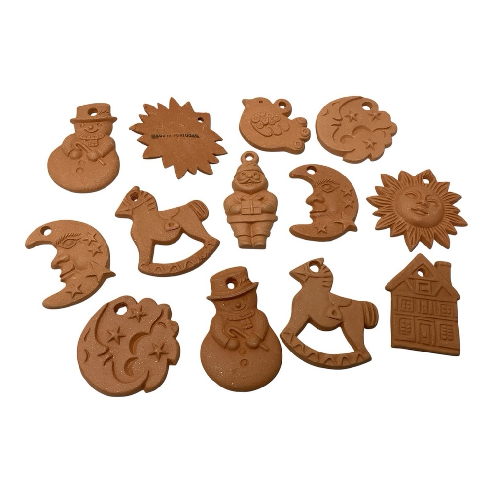 Vintage 13 Terra Cotta Christmas Ornaments Portugal Moon, Sun, Snowman,Santa